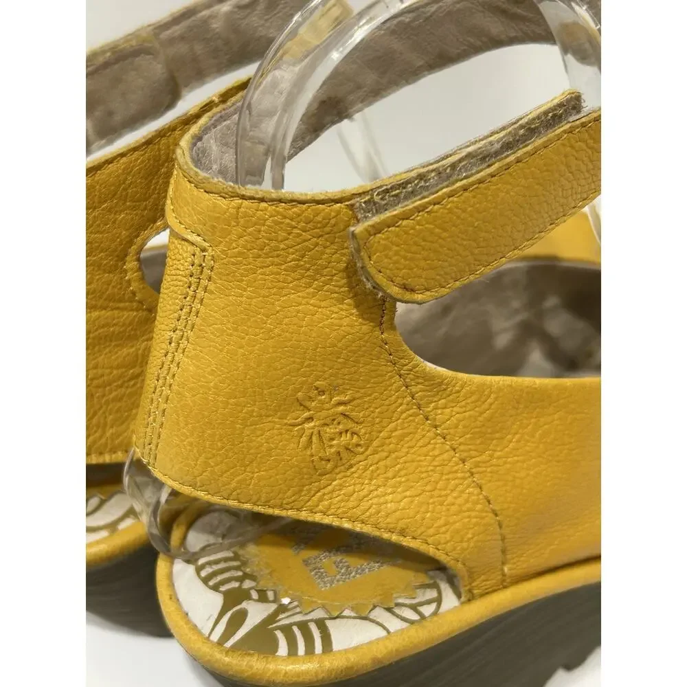 fly London leather sandal Yellow Ankle Strap Platform Size 8